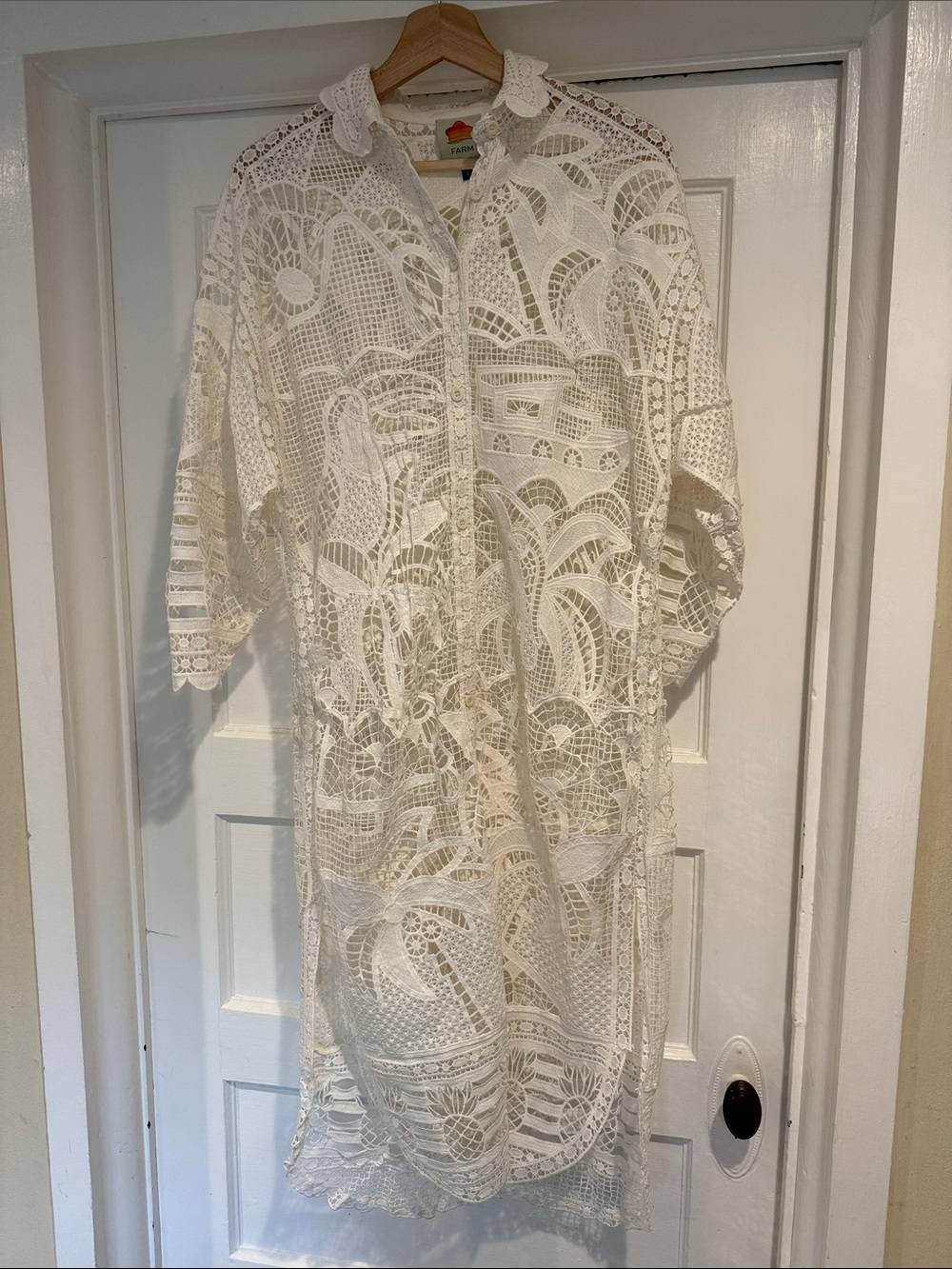 Farm Rio Guipure Lace Shirt Dress Off-white Size S